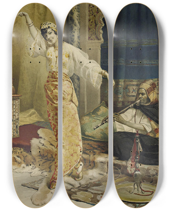 Triptych art skateboard deck of Vincent Stiepevich Harem Dancer by Vincent Stiepevich (1841-1911)