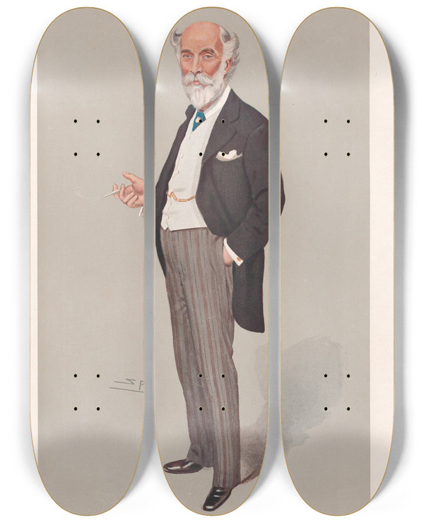 Triptych art skateboard deck of Leslie Matthew Ward Businessmen And Empire Builders Collieries Lord Joicey 19 December 1906 by Leslie Matthew Ward (1851-1922)