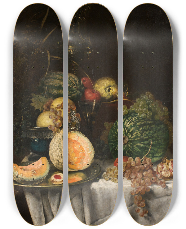Triptych art skateboard deck of Josef Neugebauer Still Life With Fruits by Josef Neugebauer (1810-1895)