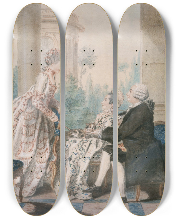 Triptych art skateboard deck of Louis Carrogis Carmontelle M Et Mme De Saint Wast Accueillant Mlle De Beauregard by Louis Carrogis Carmontelle (1717-1806)