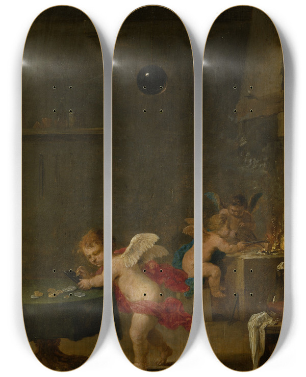 Triptych art skateboard deck of David Teniers The Younger Amoretti In An Alchemists Workshop by David Teniers The Younger (1610-1690)