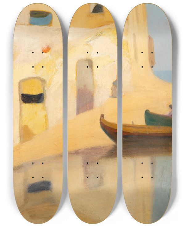 Triptych art skateboard deck of Michalis Oikonomou Maisons Et Bateaux by Michalis Oikonomou (1888-1933)
