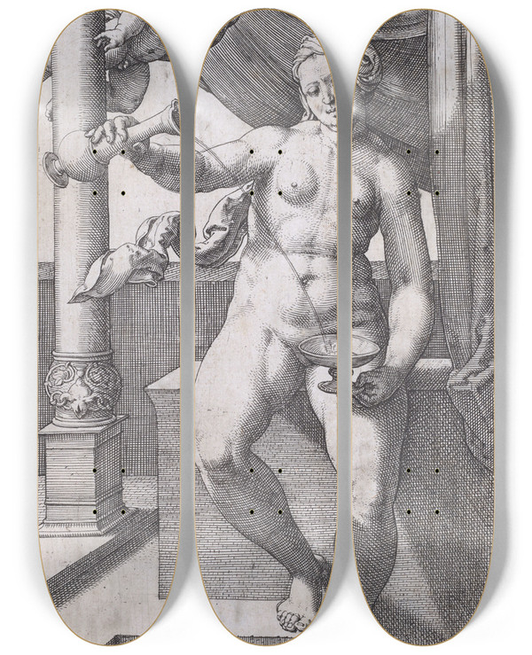 Triptych art skateboard deck of Lucas Van Leyden Temperancia Temperance by Lucas Van Leyden (1494-1533)