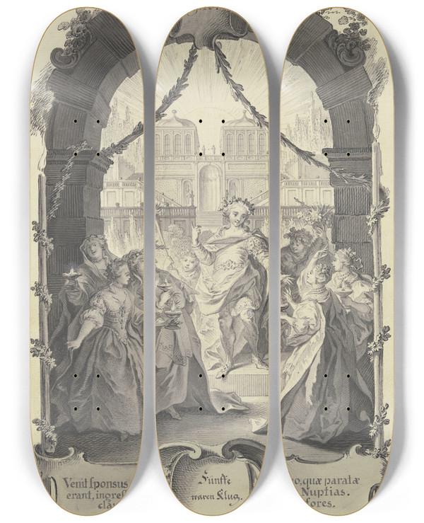 Triptych art skateboard deck of Johann Esaias Nilson Der Brutigam Und Die Fnf Klugen Jungfrauen by Johann Esaias Nilson (1721-1788)