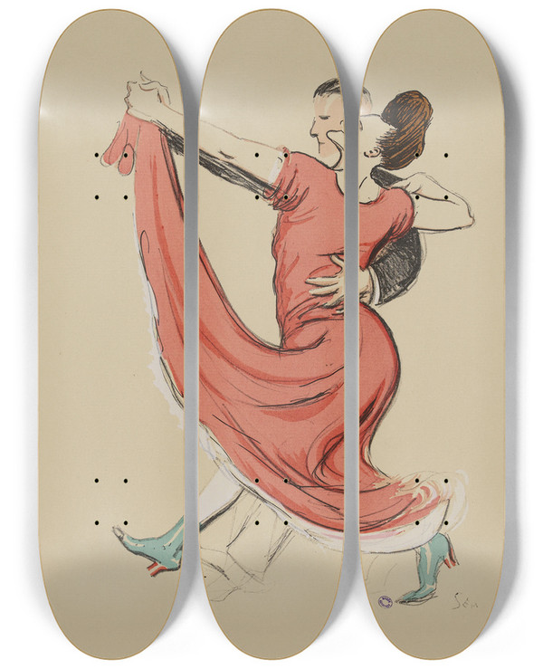 Triptych art skateboard deck of Georges Goursat Sem Couple Dansant Femme En Robe Rouge by Georges Goursat (Sem) (1863-1934)