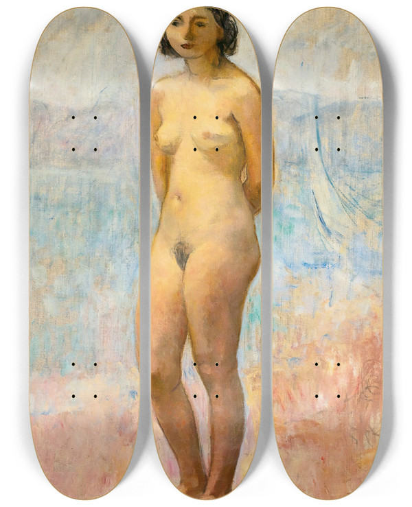 Triptych art skateboard deck of Henri Lebasque Jeune Fille Nue Debout by Henri Lebasque (1865-1937)