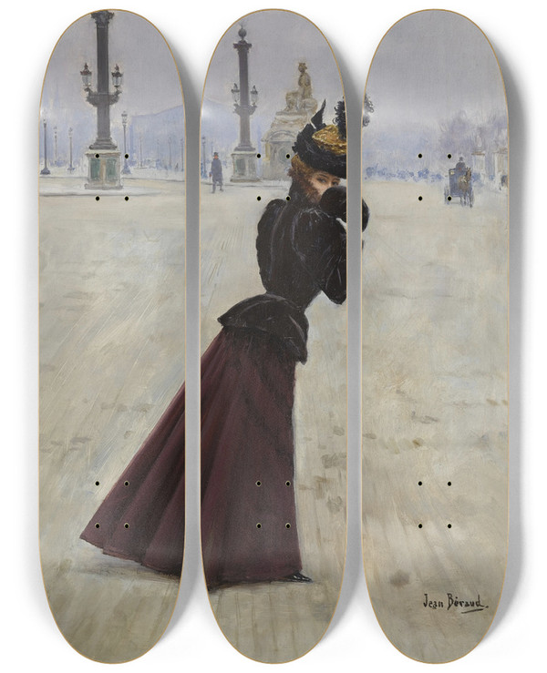 Triptych art skateboard deck of Jean Braud Jeune Femme Place De La Concorde by Jean Beraud (1849-1935)