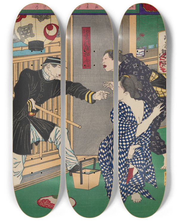 Triptych art skateboard deck of Tsukioka Yoshitoshi Geisha Ofusa Of Amanoya Threatened With Arrest For Indecent Exposure On A Hot Evening by Tsukioka Yoshitoshi (1839-1892)