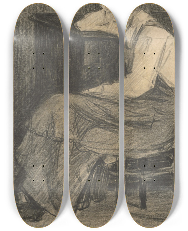 Triptych art skateboard deck of Eduard Putra Woman Resting by Eduard Putra (1883-1915)