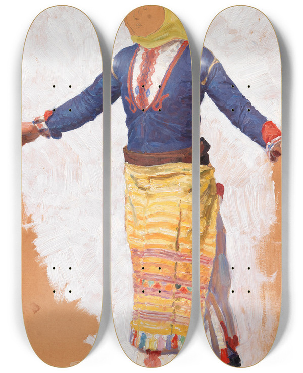 Triptych art skateboard deck of Niels Skovgaard Dansende Kvinde Megara by Niels Skovgaard (1858-1938)