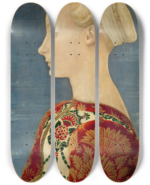 Triptych art skateboard deck of Piero Del Pollaiolo Portrait Of A Young Lady by Piero del Pollaiolo (1443-1496)
