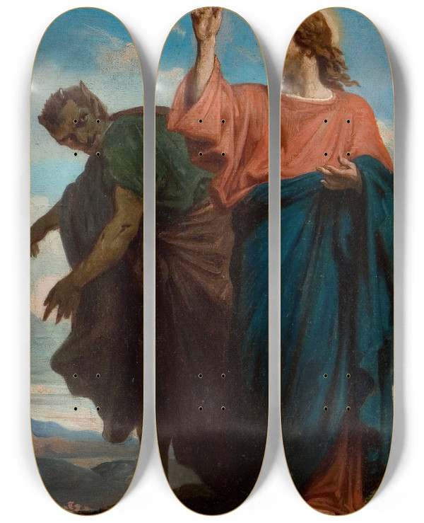 Triptych art skateboard deck of Flixjoseph Barrias The Temptation Of Christ By The Devil by Felix Joseph Barrias (1822-1907)