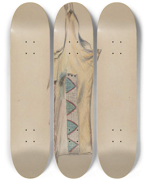 Triptych art skateboard deck of Melita Hofmann Buckskin Legging With Beadwork by Melita Hofmann (1907-1976)