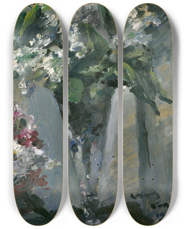 Triptych art skateboard deck of Lovis Corinth Flieder Im Kelchglas by Lovis Corinth (1858-1925)
