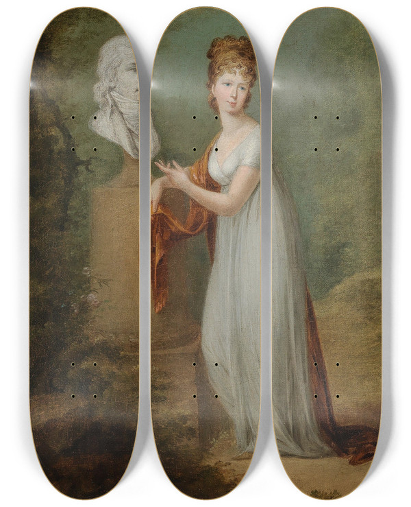 Triptych art skateboard deck of Alexander Molinari A Young Lady By Her Husbands Bust In A Park by Alexander Molinari (1772-1831)