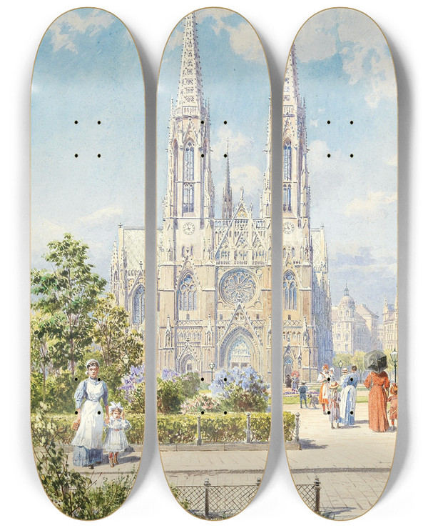Triptych art skateboard deck of Ludwig Hans Fischer A Sunny Day Near Votivkirche by Ludwig Hans Fischer (1848-1915)