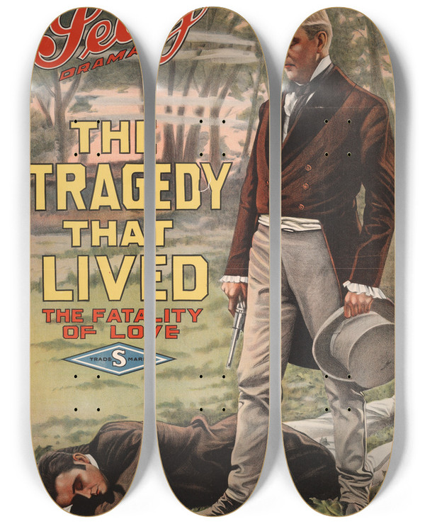 Triptych art skateboard deck of Goes Litho Co The Tragedy That Lived The Fatality Of Love by Goes Litho Co (19-20-)