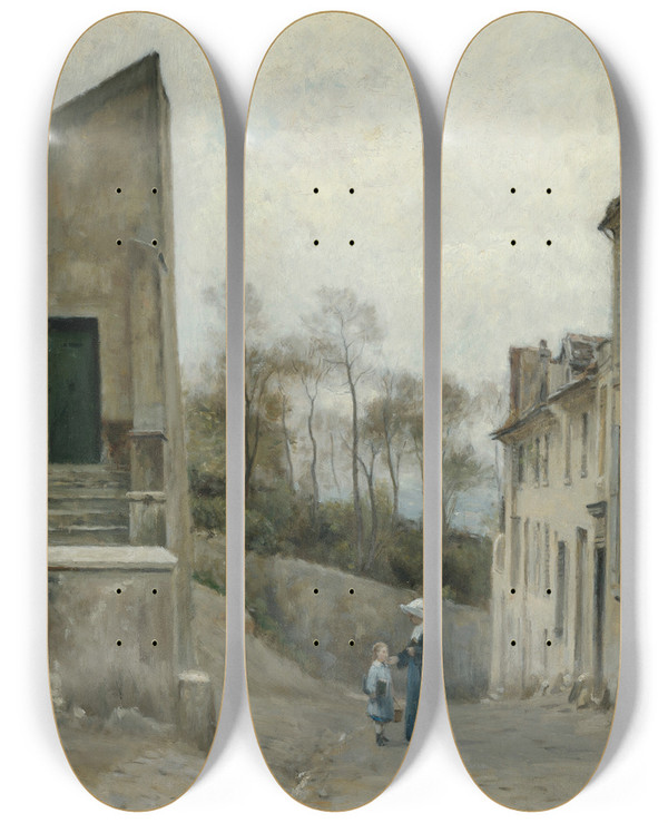 Triptych art skateboard deck of Stanislas Lpine Montmartre La Rue Cortot by Stanislas Lepine (1835-1892)