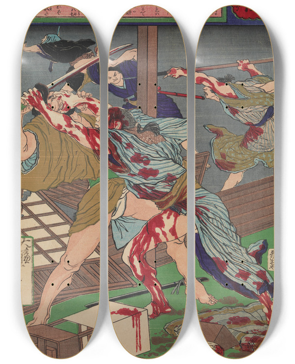 Triptych art skateboard deck of Tsukioka Yoshitoshi Kanjir Repels His Wouldbe Assassins by Tsukioka Yoshitoshi (1839-1892)