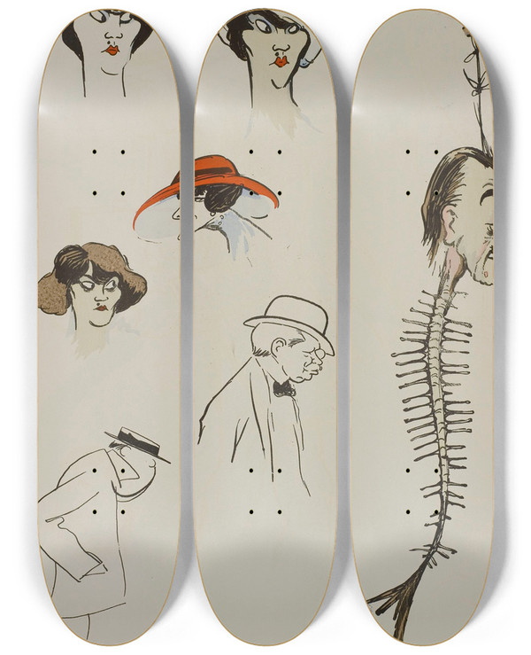 Triptych art skateboard deck of Georges Goursat Sem Myriam Danesco Toque Germaine Thouvenin Arte De Poisson M Du Tillet Monocle M Aschwanden by Georges Goursat (Sem) (1863-1934)