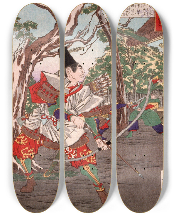Triptych art skateboard deck of Tsukioka Yoshitoshi Sakanoue No Karitamaro Drawing His Bow by Tsukioka Yoshitoshi (1839-1892)