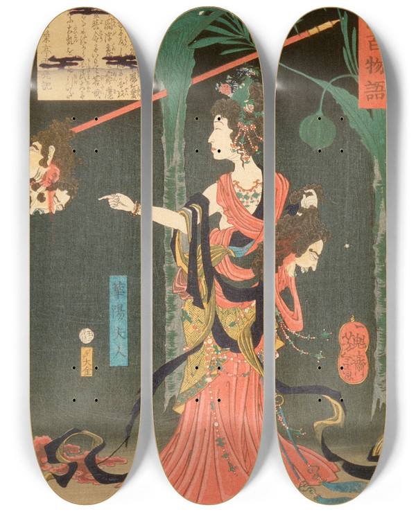Triptych art skateboard deck of Tsukioka Yoshitoshi Lady Kay Consort Of Prince Hanzoku Of India Holding A Severed Head by Tsukioka Yoshitoshi (1839-1892)