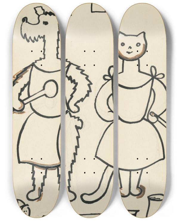 Triptych art skateboard deck of Josef Apek I Had A Dog And A Cat Pl 34 by Josef apek (1887-1945)