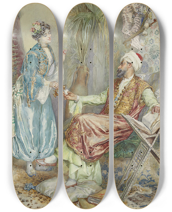Triptych art skateboard deck of Amedeo Simonetti Teatime_1 by Amedeo Simonetti (1874-1922)