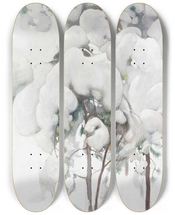 Triptych art skateboard deck of Pekka Halonen Snowcovered Pine Saplings by Pekka Halonen (1865-1933)