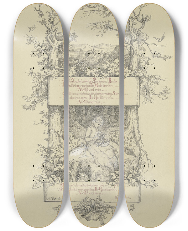 Triptych art skateboard deck of Minna Roberth Die Maiblmlein Wei Und Rein by Minna Roberth