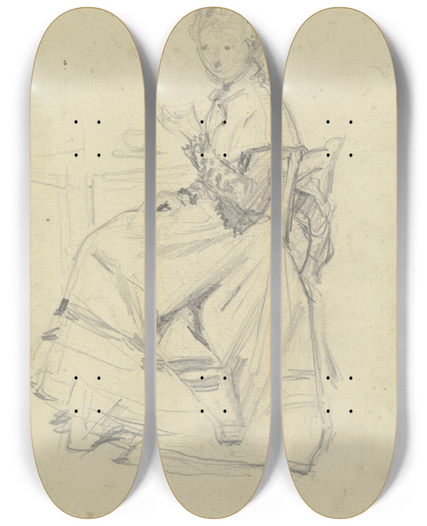 Triptych art skateboard deck of Otto Scholderer Luise Scholderer Am Tisch Sitzend_2 by Otto Scholderer (1834-1902)
