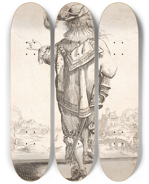 Triptych art skateboard deck of Salomon Savery Gende Rygvendt Mand Med Fjerprydet Hat Gestikulerende Med Sin Vestre Hnd I Baggrunden Th En By Ved En Flod by Salomon Savery (1594-1683)