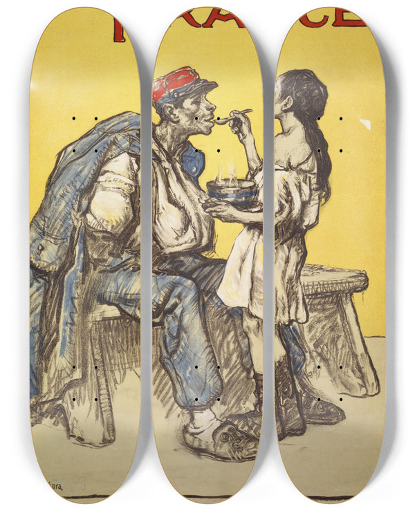 Triptych art skateboard deck of Francis Luis Mora Food For France by Francis Luis Mora (1874-1940)