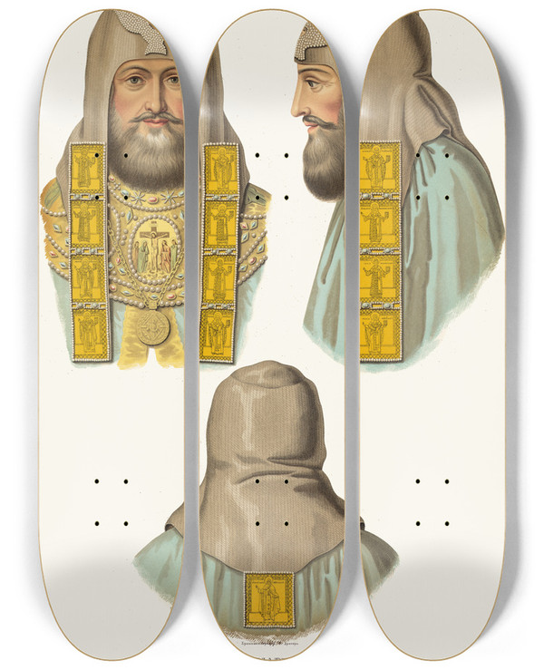 Triptych art skateboard deck of Fedor Grigoryevich Solntsev Klobuk Patriarkha Filareta Litse S Portreta Nakhodiashchegosia V Teremnom Dvortse by Fedor Grigoryevich Solntsev (1801-1892)