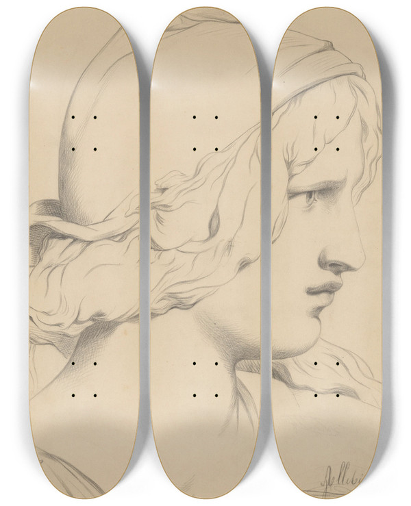 Triptych art skateboard deck of August Alleb Vrouwenkop by August Allebe (1838-1927)