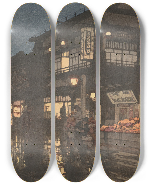 Triptych art skateboard deck of Yoshida Hiroshi Kagurazaka Street After A Night Rain by Hiroshi Yoshida (1876-1950)