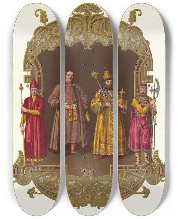 Triptych art skateboard deck of Fedor Grigoryevich Solntsev Odezhda Tsarskaia Xvii Stoletiia by Fedor Grigoryevich Solntsev (1801-1892)