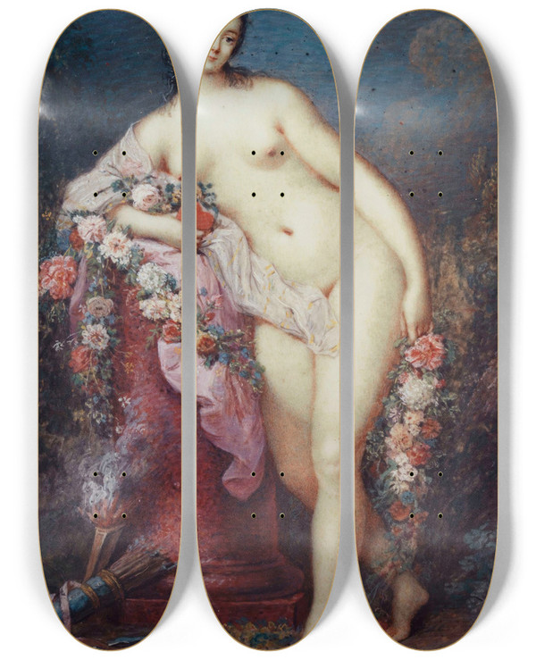 Triptych art skateboard deck of Jacques Charlier Vnus Accoude Une Colonne by Jacques Charlier (1720-1790)