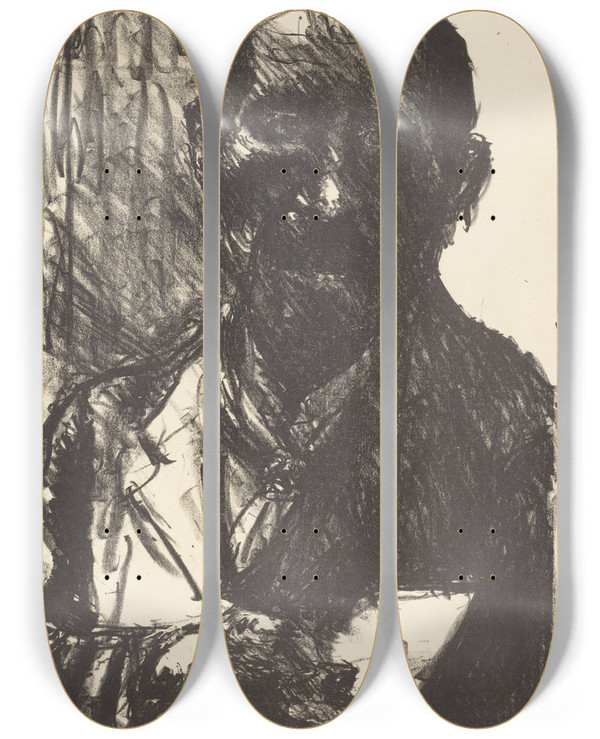 Triptych art skateboard deck of Lovis Corinth Selfportrait Sketching by Lovis Corinth (1858-1925)