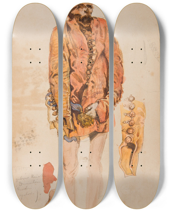Triptych art skateboard deck of Jan Matejko Studia Kostiumowe Z Xvii W Zwoki Mczyzny W Czerwonym Upanie Szkice Rkawa I Trzewika by Jan Matejko (1838-1893)