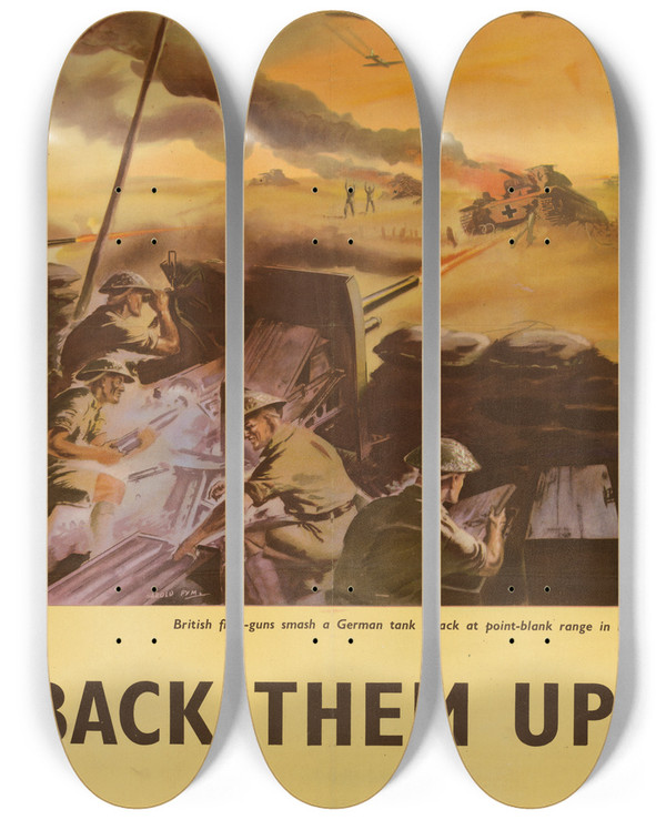 Triptych art skateboard deck of Harold Pym British Fieldguns Smash A German Tank Attack At Pointblank Range In Libya Back Them Up by Harold Pym (1930-1970)