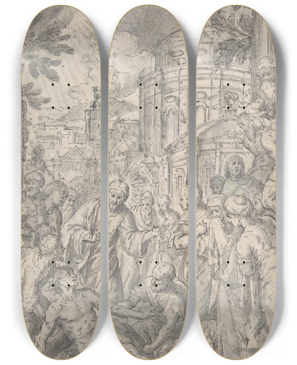 Triptych art skateboard deck of Georg Pecham The Raising Of The Youth Of Naim by Georg Pecham (1568-1604)