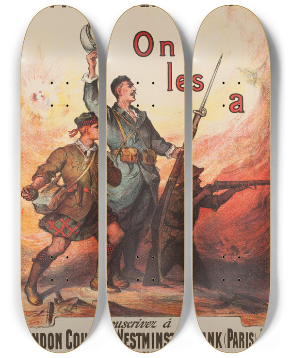 Triptych art skateboard deck of Firmin Bouisset Emprunt De La Liberation by Firmin Bouisset (1859-1925)