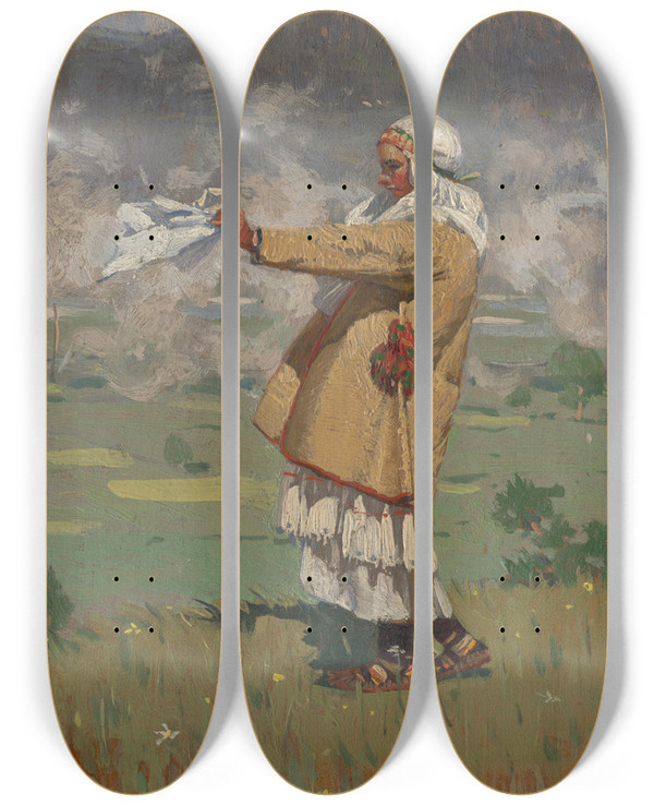 Triptych art skateboard deck of Joa Prka Woman From Imany In Folk Costume by Joza Uprka (1861-1940)