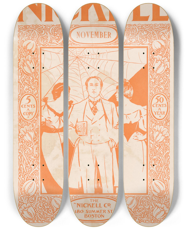 Triptych art skateboard deck of Elisha Brown Bird The Nickell For November by Elisha Brown Bird (1867-1943)