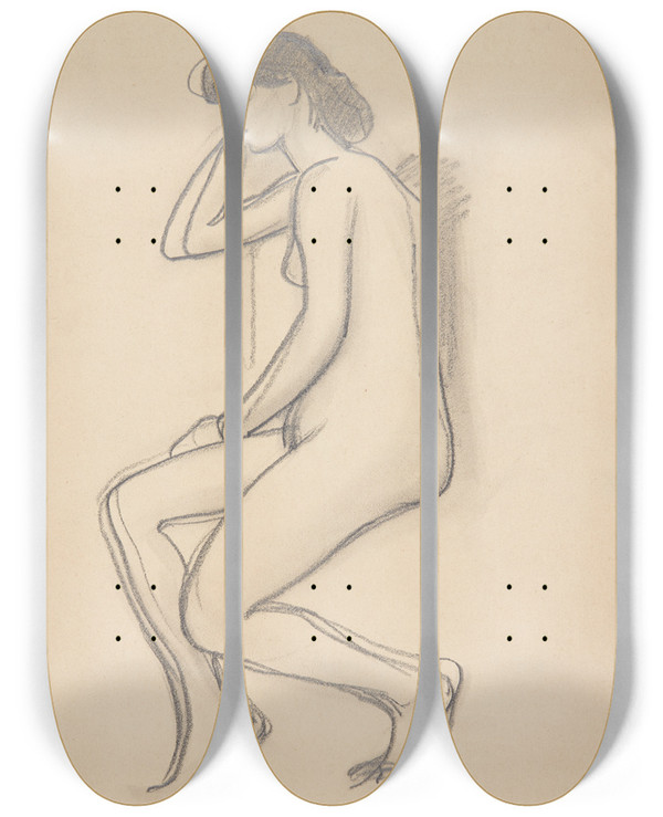 Triptych art skateboard deck of Harald Giersing Siddende Kvindelig Model Set Fra Siden by Harald Giersing (1881-1927)