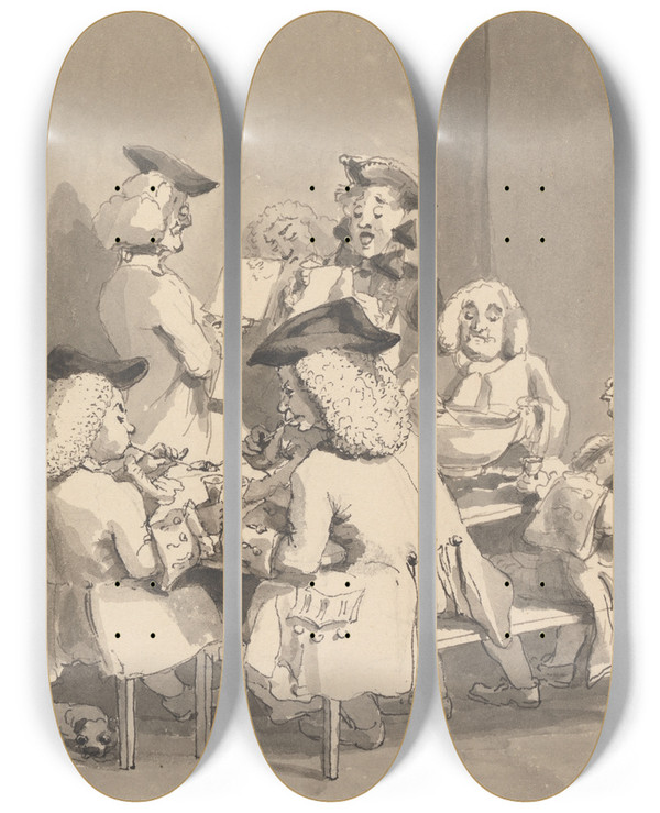 Triptych art skateboard deck of John Thomas Smith Hogarth At Old Slaughters Hobbing With Highmore The Painter by John Thomas Smith (1766-1833)