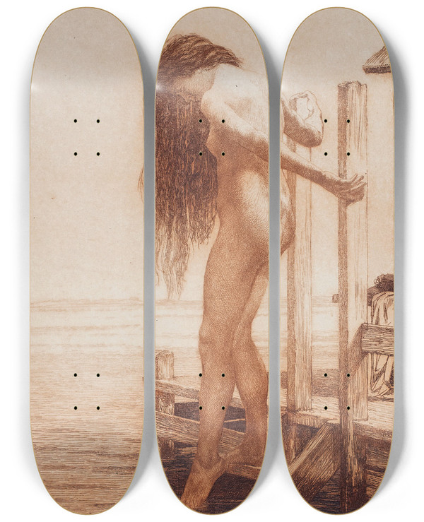 Triptych art skateboard deck of Cilius Andersen Badende Dame by Cilius Andersen (1865-1913)