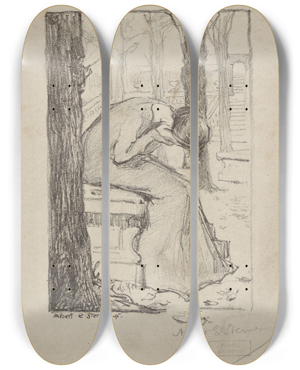 Triptych art skateboard deck of Albert Sterner Young Woman Bending Forward by Albert Sterner (1863-1946)