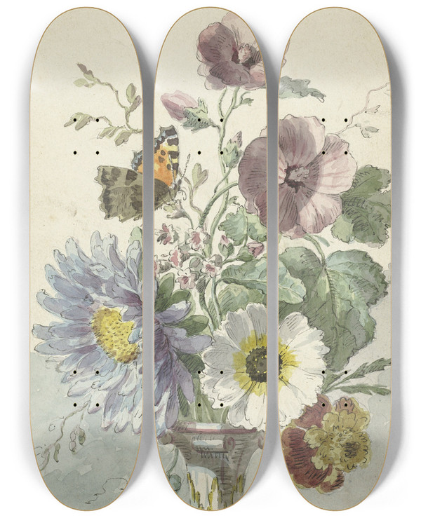 Triptych art skateboard deck of Willem Van Leen Bouquet Of Flowers With A Butterfly by Willem van Leen (1753-1825)